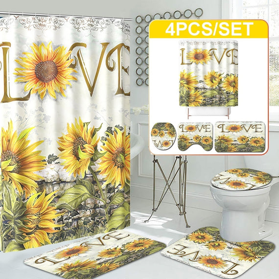 1/3/4Pcs Retro Sunflower Waterproof Shower Curtain Anti-skid Bath Rugs Carpet Toilet Lid Cover Bath Mat For Bathroom