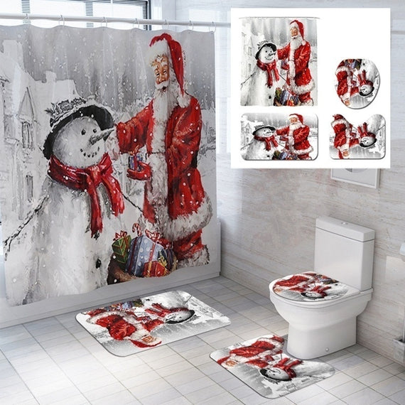 1/3/4PCS/Set Christmas Santa Claus Snowman Printing Waterproof 180*180cm Shower Curtain with 3PCS Bathroom Mat (Pedestal Rug+Lid Toilet Cover+Bath Mat )