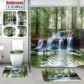 1/3/4Pcs 3D Waterfall Swans Scenery Waterproof Shower Curtain Anti-slip Bath Mats Carpets Pedestal Rugs + Toilet Seat Cover Bathroom Suit