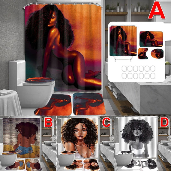 4PCS/SETS 180x180cm African Women Bathroom Pedestal Rug+Lid Toilet Cover+Bath Mat+Shower Curtain