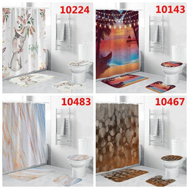 4Pcs/Set Bath Decor Bathroom Shower Curtain Toilet Waterproof Polyester Fabric Cover Mat W/ 12 Hooks