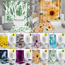 180x180cm Shower Curtain Toilet Seat Cover Non-Slip Pedestal Rug Toilet Seat Cover Bath Mat +12x Plastic Hook