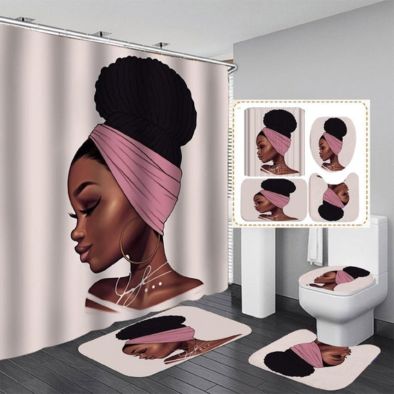 African American Women Waterproof Bathroom Shower Curtain Sets Toilet Cover Non-Slip Bath Mat Rug Set 12 Hooks Bath Curtains Bathroom Accessories