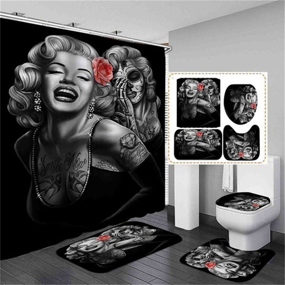 1/3/4 Pcs Sexy Marilyn Monroe Bathroom Set with Non-Slip Rug + Toilet Lid Cover + Bath Mat + 12 Hooks Waterproof Fabric Bath Curtains Home Bathroom Accessories