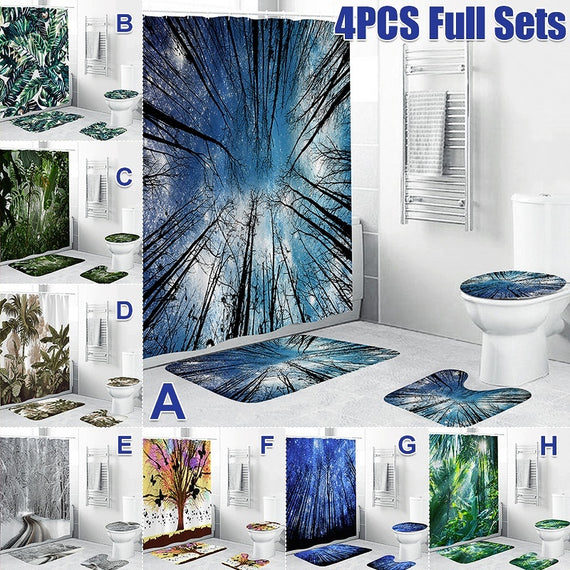 Misty Rain Forest Tree Bathroom Waterproof Shower Curtain / Non-Slip Pedestal Rug + Toilet Seat Cover + Bath Mat