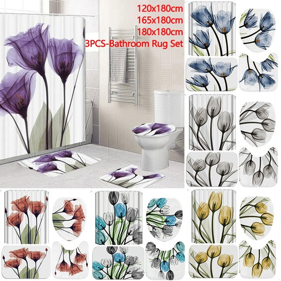 Flower Decor Tulips Lavender Hope Shower Curtain Pedestal Rug Lid Toilet Cover & Bathroom Rug Set Waterproof Polyester Fabric Bathroom Shower Curtain