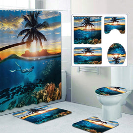 1/3/4 Pcs Personalized Sunset Scenery Ocean Diving Scenery Bathroom Shower Curtain Waterproof Shower Curtain Non-slip Mats Bath Carpets Toilet Seat Cover Floor Mat Bathroom Decor