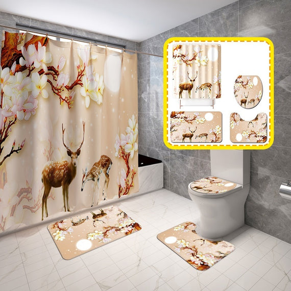 Sika deer shower curtain carpet mat combination 1/3/4 pcs set 180x180