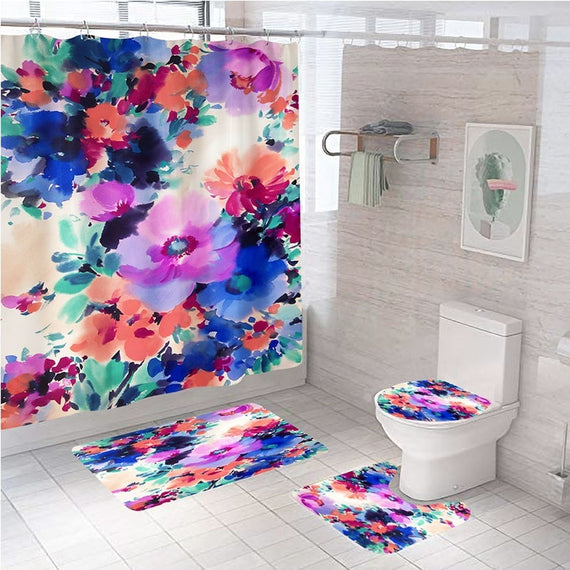 Colorful Oil Painting Flower Shower Curtain Set with Non-slip Carpet Toilet Cover and Bathroom Non-slip Mat  Waterproof Shower Curtain Set