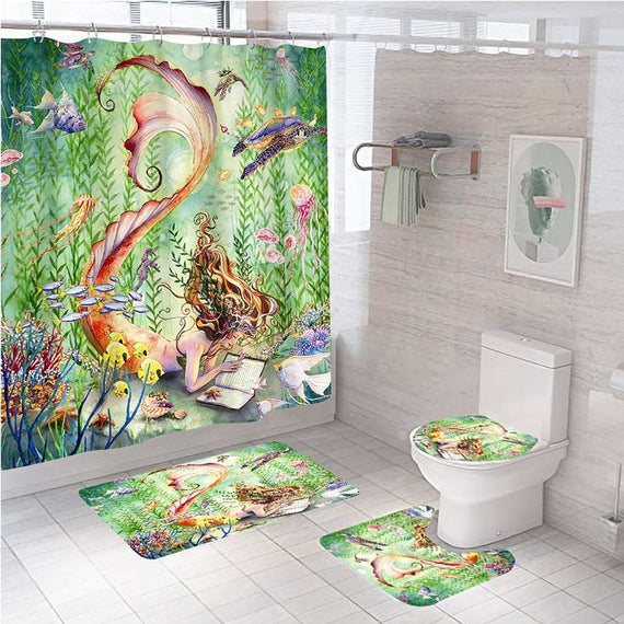 Sea Turtles Mermaid Waterproof Bathroom Shower Curtain Toilet Cover Mat Non-Slip Rug Set