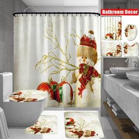 Xmas Snowman Lantern Pattern Waterproof Shower Curtain Bathroom Non-slip Mats Bath Carpets Toilet Seat Cover Floor Mat Bathroom Decor