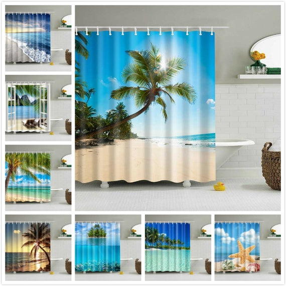 Sea Beach Shower Curtains Shell Printed Bath Screen Waterproof Shower Curtain Decoration Bathroom Decor With Hooks