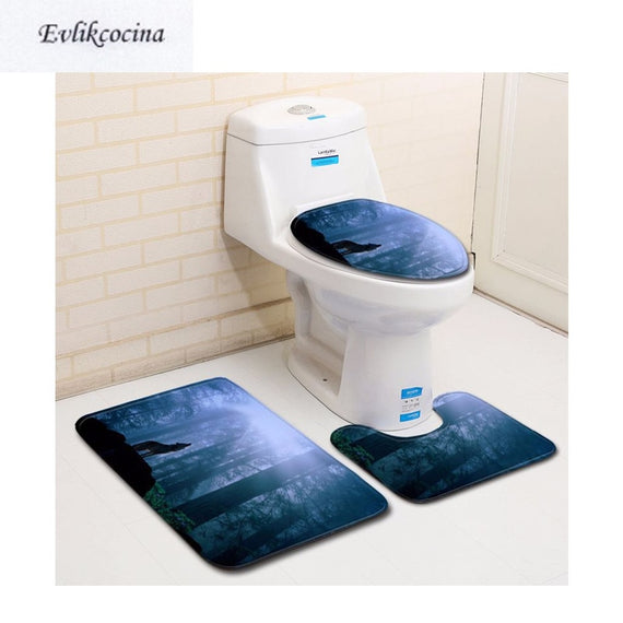 Free Shipping 3pcs Nightfall  Wolf In Forest Banyo Paspas Bathroom Carpet Toilet Bath Mat Set Tapis Salle De Bain Alfombra Bano