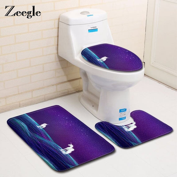 Zeegle Bathroom Carpet Bath Mat Set Unicorn Pattern Bathroom Rugs Anti-slip Bathroom Floor Mats Pedestal Rug Toilet Seat Cover