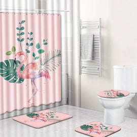 4pcs Flamingo Bathroom Carpet Toilet Bath Mat Set + Shower curtain Non Slip Tapis Salle De Bain Alfombra Bano