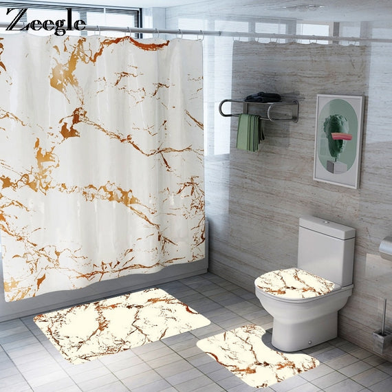 Bathroom Curtain With Hooks Bath Mat Set Anti Slip Bathroom Carpet Shower Curtain Marble Printed Bathroom Cover Toilet Seat Mat