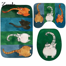 Cat Printed Bath Mat Set Anti Slip Carpet Bathroom Rug Flannel Toilet Pedestal Rug Absorbent Bathroom Doormat Cover Toilet Seat