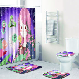 MUZZI 4pcs/set CARTOON Bathroom Carpet Set girl Pattern Anti Slip Pedestal Rug Lid Toilet Cover Bath Mat and  curtain