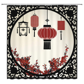 Shower Curtain Set Black China Window Red Oriental Lantern Plum Blossom Red Flower Polyester Fabric Bath Curtain Floor Mat