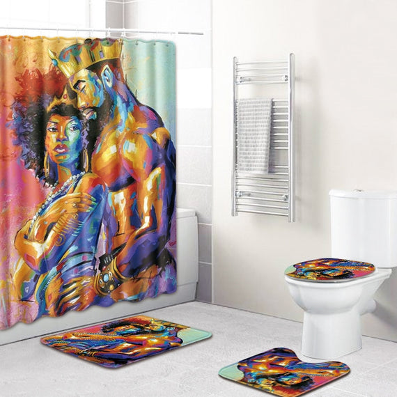 African Men and Women Shower Curtain Bathroom Mat Set Non-Slip Pedestal Rug + Toilet Cover + Bath Mat + Bath Curtain 4pcs/set