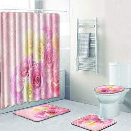 4pcs/set Valentine Gift 3D Rose Heart Bathroom Mat Set Non-Slip Pedestal Rug + Toilet Cover + Bath Mat Carpet + Shower Curtain