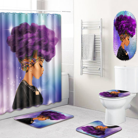 Modern African Woman Pattern Polyester Shower Curtain Set Non-Slip Rugs Carpet for Bathroom Toilet Flannel Bath Mat 5pcs /Set