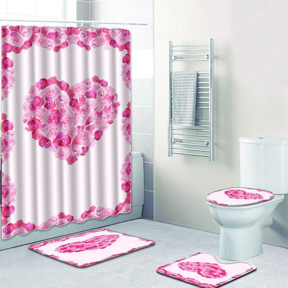 4Pcs Set Valentines Day Gift Bathroom Carpet Shower Curtain Set Non-Slip Pedestal Rug + Toilet Cover + Bath Mat + Bath Curtain