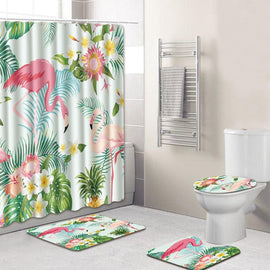 4pcs Flamingo Bathroom Mat Set Non-Slip Pedestal Rug + Lid Toilet Cover + Bath Mat Carpet + Shower Curtain dywaniki lazienkowe