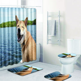 4pcs/set Cute Dog Animal Printed Bathroom Mat Set Non-Slip Pedestal Rug + Lid Toilet Cover + Bath Mat Carpet + Shower Curtain