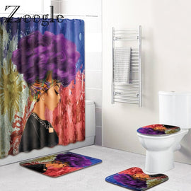 4 Pcs African Girl Shower Curtain Bath Mat Toilet Pad Character Pattern Anti-slip Toilet Rug Bathroom Carpet Flannel Bath Mat