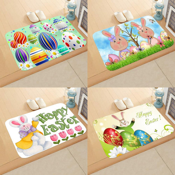 Happy Easter Printing Bath Mat Flannel Easter Bunny Pattern Bathroom Non-slip Mat Home Decoration Rabbit Egg Door Mat Felpudo