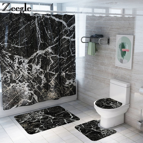 Zeegle Shower Curtain and Bath Mat Set Anti Slip Toilet Pedestal Rug Absorbent Foot Mat Washable Marble Printed Bathroom Carpets