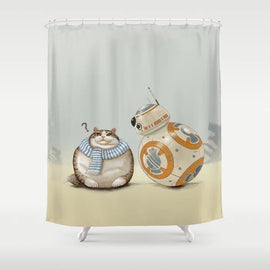 Star War CAT AND DROID Shower Curtain with Hooks Doormat Bath Floor Mat Bathroom Home Decor