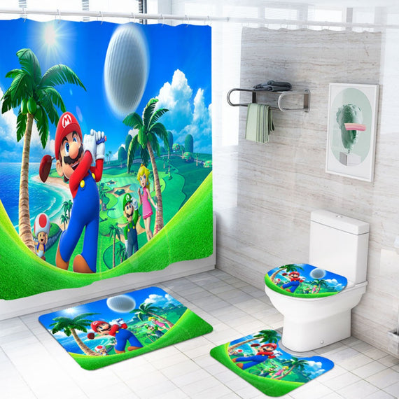 Super Mario Bros Waterproof Bath Curtain Polyester Fabric Toilet Cover Non Slip Rug Mat Set 4 PIece Cartoon Bathroom Decor