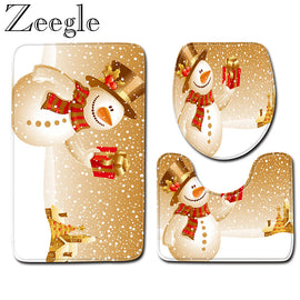 Zeegle 3pcs Christmas Printed Bath Mat Set Anti-slip Bathroom Carpet Shower Mat Absorbent Toilet Rug Foot Mat Bathroom Rug Set