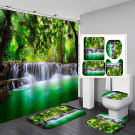 3D Waterfall Scenery Waterproof Shower Curtain Bathroom Landscape Trees Flower Bath Mat Set Pedestal Rug Lid Toilet Cover