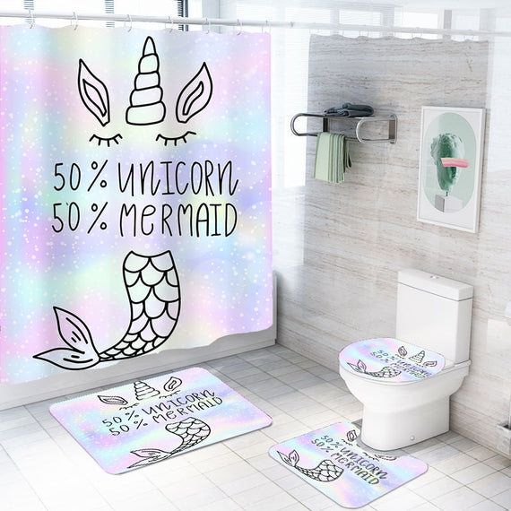 Pretty Unicorn Mermaid Waterproof Bath Curtain and Non-Slip Mat Set 4 Piece Home Hotel Bathroom Set Polyester