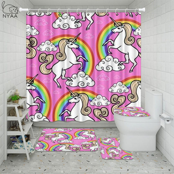 Magic Unicorns With Colorful Mane Shower Curtain Pedestal Rug Lid Toilet Cover Mat Bath Mat Set Bathroom Curtains With Hooks