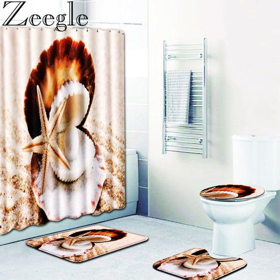 Zeegle 4Pcs Bathroom  Shower Curtain Pedestal Toilet Seat Mat Lid Bath Mat Underwater World Home Decor Bathroom Carpet