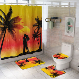 4pcs Toilet Cover Non Slip Rugs Polyester Shower Curtain Set Bathroom Assorted Washable Bath Mat Couple  With 12 Hooks