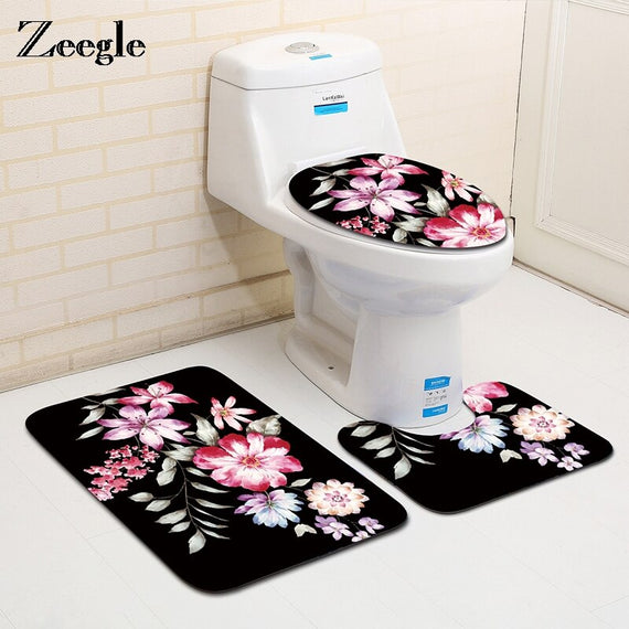 Zeegle Floral Microfiber Bath Mats Set Bathroom Floor Mats Flannel Carpet For Bathroom Absorbent Bath Carpet Toilet Cover Set