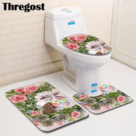 Thregost Non Slip Bath Mat Easter Printed Microfiber Bathroom Floor Rugs Set 3pcs Anti-Slip Washroom Kitchen Toilet Carpet