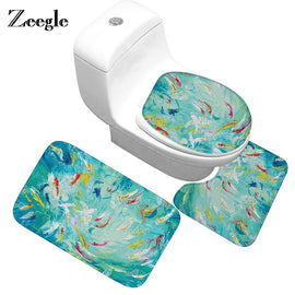 Zeegle 3Pcs Bath Mats Ocean Underwater World  Mat For Toilet Anti Slip Bathroom Mat Set Floor Mats Washable Bathroom Toilet Rugs