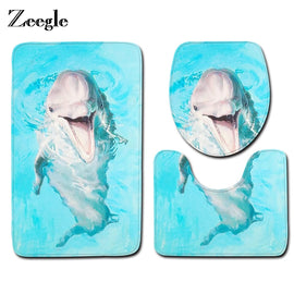 Zeegle Dolphin Pattern Bathroom Bath Mat Non-Slip Floor Mat Water Absorption Carpet Toilet Seat Cover Set Toilet Area Rug