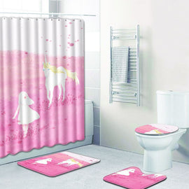 unicorn Print Shower Curtain 4 Piece Carpet Cover Toilet Cover Bath Mat Pad Set Bathroom Curtain 12 Hooks