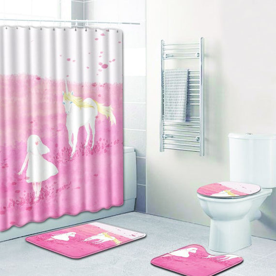 unicorn Print Shower Curtain 4 Piece Carpet Cover Toilet Cover Bath Mat Pad Set Bathroom Curtain 12 Hooks