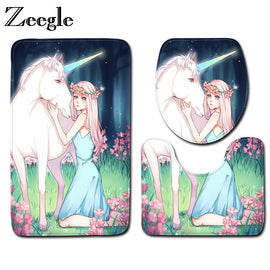 Zeegle 3pcs Microfiber Bath Mats Set Unicorn Pattern Bathroom Carpets Set 3pieceS Anti-slip Toilet Floor Mats Bathroom Rugs