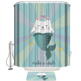 Cat Mermaid Unicorn Cartoon Shower Curtain with Hooks Doormat Bath Floor Mat Waterproof Polyester