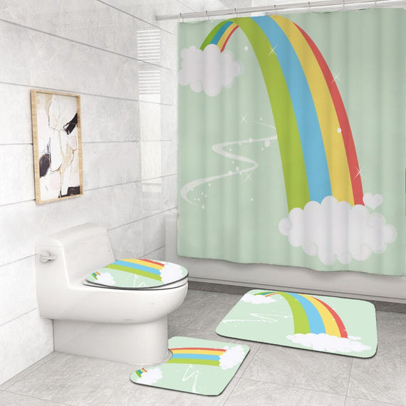 Rainbow 3D Print Waterproof Bath Curtain Set Ice Cream Unicorn Cartoon Toilet Cover Bathroom Rug Mat Set 4 Piece Custom