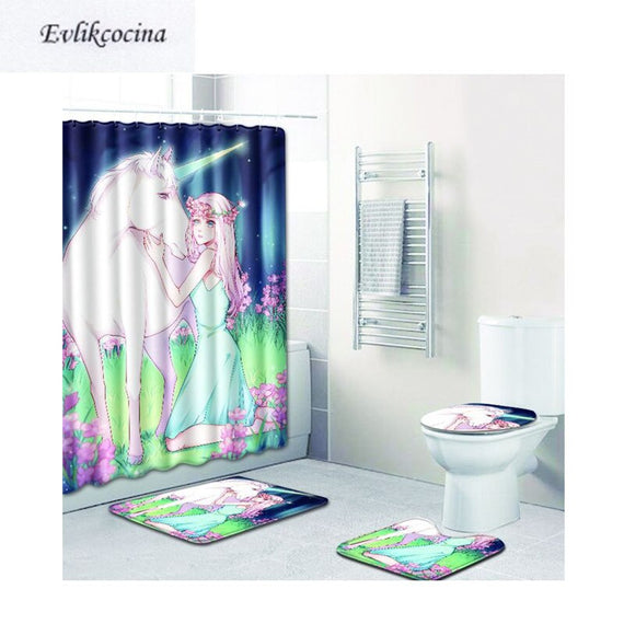 Free Shipping 4Pcs Girl Stroking Unicorns Banyo Paspas Bath Mat Set Bathroom Tapete Banheiro Washable Toilet Rugs Alfombra Bano